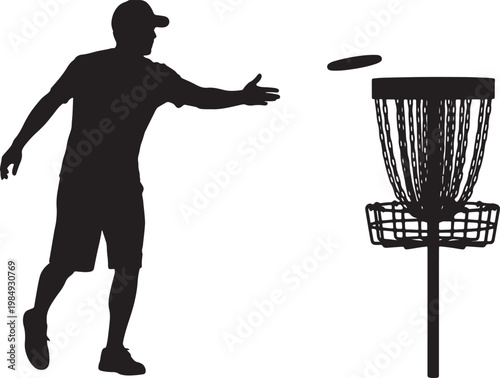 Silhouette of a man throwing a disc towards a disc golf basket, with the disc in mid-air also transparent background