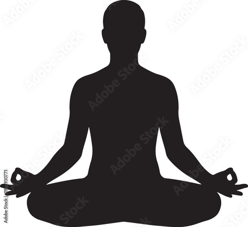 Silhouette of a person meditating in a lotus pose, with hands in gyan mudra, on a white background, also transparent background