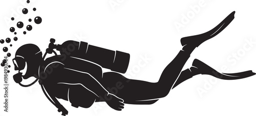 Silhouette of a scuba diver with bubbles ascending also transparent background, black and white underwater