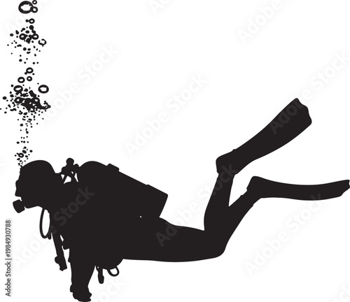 Silhouette of a scuba diver with bubbles rising, isolated on white background, also transparent background