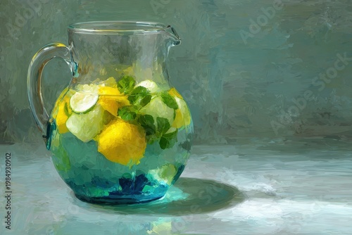 Abstract watercolor illustration of a glass pitcher filled with vibrant fruit infusion, featuring lemons, limes, and mint, set against a soft green-blue background with artistic brushstrokes