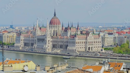 Aerial 4K video footage of Hungarian Parliament and Budapest architecture, stunning historic building from above, European cityscape, iconic landmark 