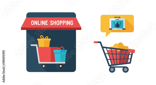 Digital storefront and shopping carts illustrate online retail concepts with a flat design and bold colors silhouette high quality professional detailed