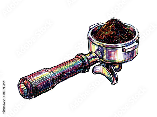 Espresso machine portafilter filled with ground coffee, artistic sketch