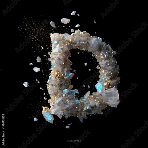 Abstract luxury composition of the letter D formed by sparkling crystals and stones on a black background, showcasing intricate details and textures