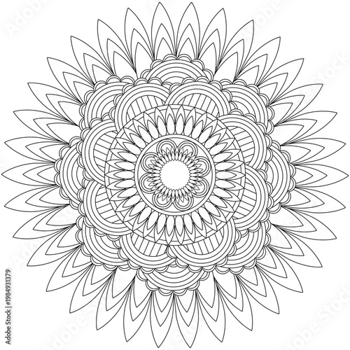 Symmetrical black and white flower mandala. Anti-stress relaxation activity for adults and children. Printable botanical vector for coloring book.