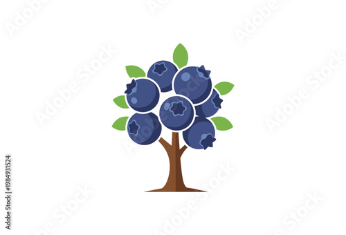 Charming minimal blueberry fruit plant graphic vector illustration showcasing a brown trunk and a bountiful cluster of fresh dark blue berries with bright green leaves on transparent background