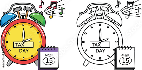 Tax Day Alarm Clock Ringing with Calendar and Music Notes Vector