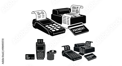 A black and white illustration depicting cash registers payment terminals and credit cards presented as a silhouette high quality professional detailed