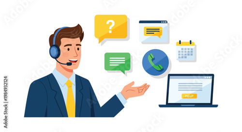 A friendly customer service representative assists with support via various digital channels depicted as a flat illustration silhouette high quality professional