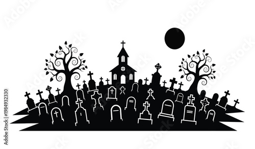 A stark black halloween scene depicts a graveyard with ornate tombstones a gothic church and a full moon silhouette high quality professional detailed modern