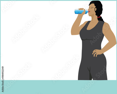 Vector illustration design of a woman who appears to be drinking water from a mineral water bottle after exercising and next to her there is a copy space or empty area to fill in text or words