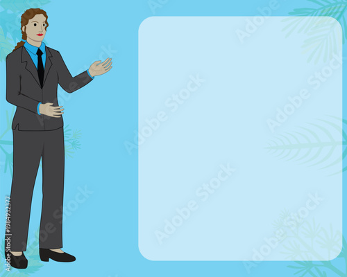 vector illustration design of a woman in a black suit standing on the left and explaining something like a presentation in a company with copy space or empty space on the right side