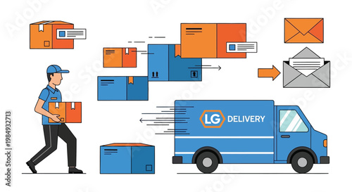 A delivery person transports packages to a van representing a logistical flow with an illustrative silhouette high quality professional detailed modern