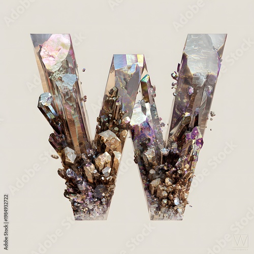 Abstract luxury composition of the letter W, featuring crystalline structures and intricate details, set against a soft neutral background