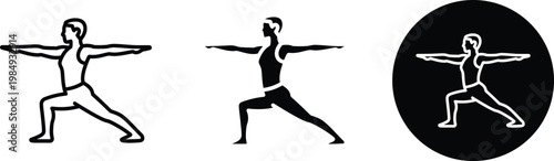 Three yoga poses silhouette warrior ii triangle and tree pose in black and white