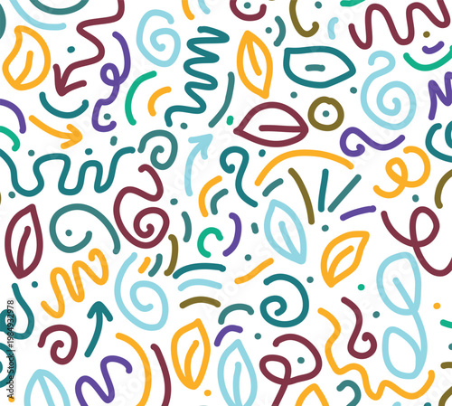 Abstract seamless pattern with colorful hand drawn organic shapes lines and doodles vector illustration