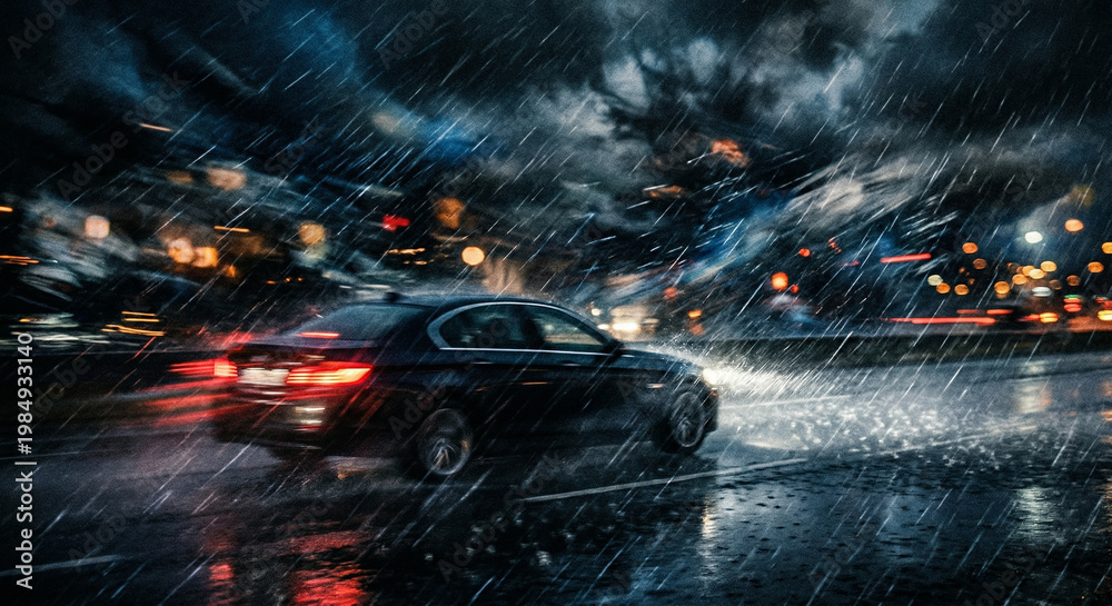 Fototapeta premium A car driving on a wet road in heavy rain at night.