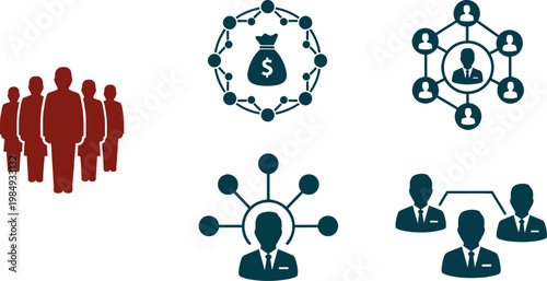 Business people networking icons with money bag and corporate communication graph symbols.