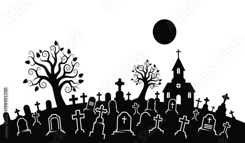 A stark black and white illustration depicts a graveyard scene with a church trees and numerous tombstones under a full moon silhouette high quality