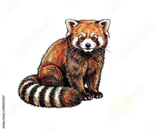 Detailed illustration of a red panda sitting with its bushy tail curled around