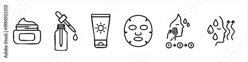 Set of Minimalist Skincare Icons for Daily Routine featuring Cream Jar, Serum Dropper, Sunscreen, and Sheet Mask