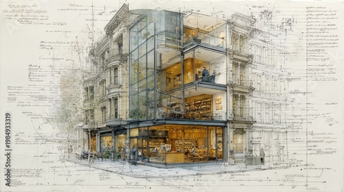 Architecture blueprint overlaying an old heritage building with modern glass facade structure, creating a dynamic concept of preservation, renovation, and urban revitalization design