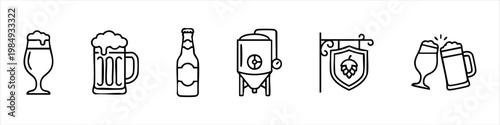 Brewery and Beer Line Icons Set - Vector collection featuring beer glasses, mug, bottle, brewing equipment, pub sign, and clinking glasses.