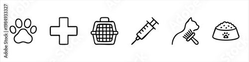Set of 6 veterinary and pet care line icons including paw print, medical cross, pet carrier, syringe, grooming brush with cat, and food bowl