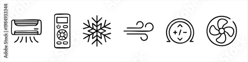 Air conditioning and cooling system doodle icons set. Hand-drawn HVAC vector symbols including AC unit, remote control, snowflake, wind, thermostat, and fan for home comfort control.
