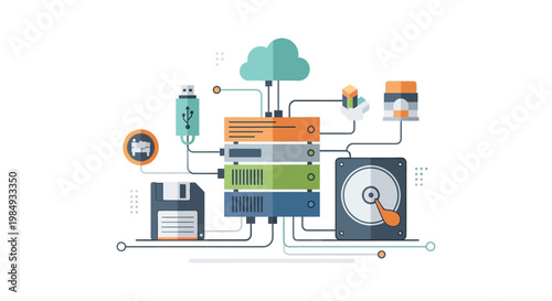 Digital data storage and transfer illustration depicting cloud connectivity servers and various media silhouette high quality professional detailed modern elegant stylish