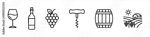 Minimalist wine production and tasting icon set including wine glass, bottle, grapes, corkscrew, barrel, and vineyard landscape in line art style.