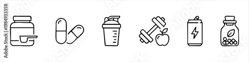Sports Nutrition and Fitness Supplement Line Icons Set. Collection of Gym Workout, Protein Powder, Vitamin Capsules, Shaker Bottle, Dumbbell, and Energy Drink Icons.