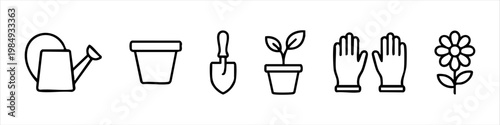 Set of gardening icons including watering can, plant pot, trowel, gloves and flower. Minimalist black line vector illustration for garden, spring, and horticulture themes.