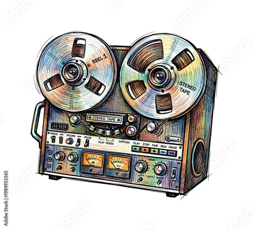 Colorful sketch of a vintage reel-to-reel tape recorder with vibrant tape