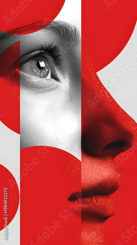 Minimalist patriotic concept image featuring a close-up of a woman's face with red and white geometric shapes, emphasizing national colors and artistic design elements