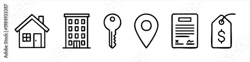 Set of Hand-Drawn Real Estate Icons: House, Apartment Building, Key, Location Pin, Contract, and Price Tag. Minimalist Line Art for Property and Housing Business Concepts.