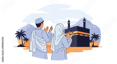 Flat style vector illustration of Hajj pilgrimage with Muslim couple praying near Kaaba in Mecca, representing devotion, worship, spiritual journey, and sacred Islamic ritual during Hajj