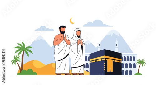 Flat style vector illustration of Hajj pilgrimage with Muslim couple praying near Kaaba in Mecca, representing devotion, worship, spiritual journey, and sacred Islamic ritual during Hajj