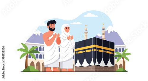 Flat style vector illustration of Hajj pilgrimage with Muslim couple praying near Kaaba in Mecca, representing devotion, worship, spiritual journey, and sacred Islamic ritual during Hajj