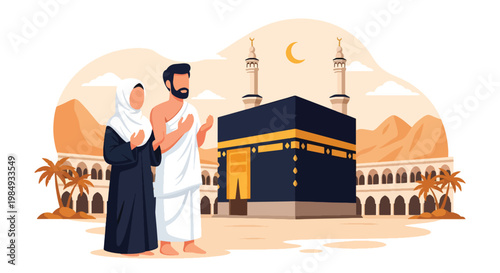 Flat style vector illustration of Hajj pilgrimage with Muslim couple praying near Kaaba in Mecca, representing devotion, worship, spiritual journey, and sacred Islamic ritual during Hajj