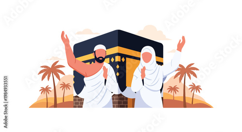 Flat style vector illustration of Hajj pilgrimage with Muslim couple praying near Kaaba in Mecca, representing devotion, worship, spiritual journey, and sacred Islamic ritual during Hajj