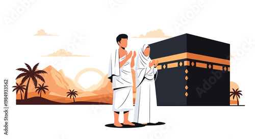 Flat style vector illustration of Hajj pilgrimage with Muslim couple praying near Kaaba in Mecca, representing devotion, worship, spiritual journey, and sacred Islamic ritual during Hajj