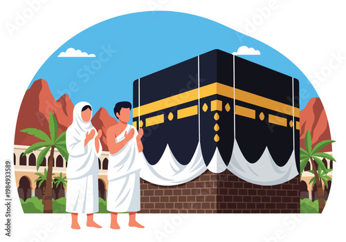 Flat style vector illustration of Hajj pilgrimage with Muslim couple praying near Kaaba in Mecca, representing devotion, worship, spiritual journey, and sacred Islamic ritual during Hajj