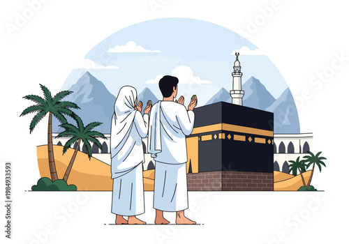 Flat style vector illustration of Hajj pilgrimage with Muslim couple praying near Kaaba in Mecca, representing devotion, worship, spiritual journey, and sacred Islamic ritual during Hajj