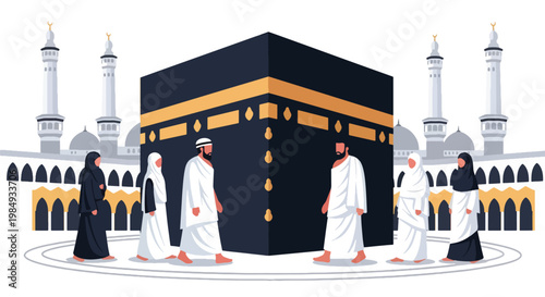 Flat style vector illustration of Hajj pilgrimage showing Muslim pilgrims performing tawaf around Kaaba, symbolizing unity, devotion, faith, and sacred Islamic worship ritual in Mecca