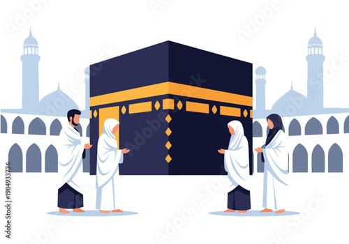 Flat style vector illustration of Hajj pilgrimage showing Muslim pilgrims performing tawaf around Kaaba, symbolizing unity, devotion, faith, and sacred Islamic worship ritual in Mecca