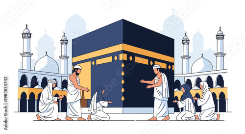 Flat style vector illustration of Hajj pilgrimage showing Muslim pilgrims performing tawaf around Kaaba, symbolizing unity, devotion, faith, and sacred Islamic worship ritual in Mecca