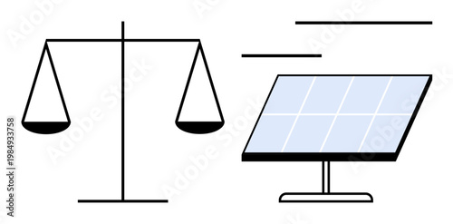 Renewable energy, environmental justice, sustainability, ethical decision-making, energy resources, technology. A balance scale next to a solar panel. Sustainability and environmental justice