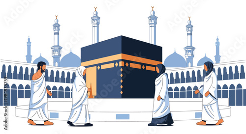 Flat style vector illustration of Hajj pilgrimage showing Muslim pilgrims performing tawaf around Kaaba, symbolizing unity, devotion, faith, and sacred Islamic worship ritual in Mecca